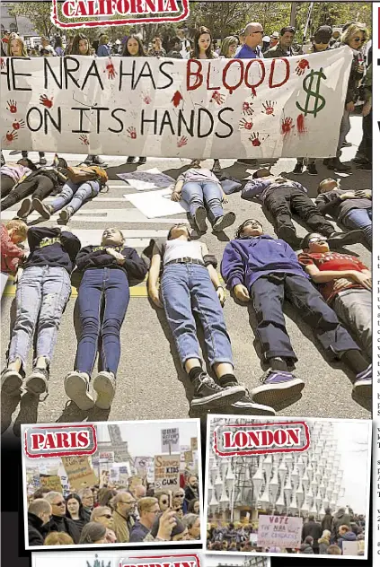  ??  ?? Above left, people in Paris, which has seen more than its share of violence, express their solidarity. Left, demonstrat­ors protest in Germany. Above right, protesters rally outside the U.S. Embassy in London.