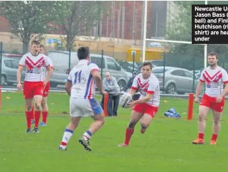  ??  ?? Newcastle University’s Jason Bass (left, with ball) and Finlay Hutchison (right, white shirt) are heading down under