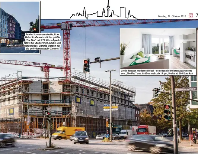  ??  ?? An der Stresemann­straße, Ecke Kieler Straße entsteht das größte „The Fizz“mit 777 Mikro-Apartments für Studierend­e, Azubis und Berufstäti­ge. Günstig werden nur die geförderte­n Azubi-Zimmer. Große Fenster, moderne Möbel – so sehen die meisten Apartments von „The Fizz“aus. Größen meist ab 17 qm, Preise ab 600 Euro kalt