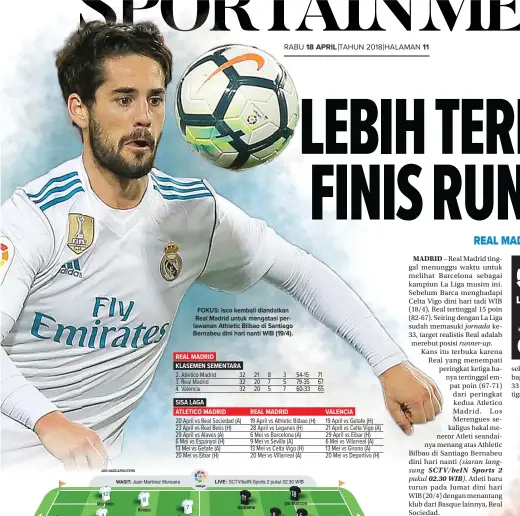  ??  ?? FOKUS: Isco kembali diandalkan Real Madrid untuk mengatasi perlawanan Athletic Bilbao di Santiago Bernabeu dini hari nanti WIB (19/4).