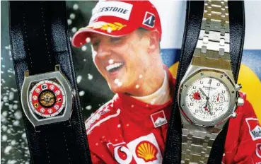 ?? MARTIAL TREZZINI/KEYSTONE VIA AP ?? Two watches belonging to Michael Schumacher are on display during a May 9 preview at the Christie’s in Geneva.