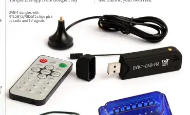  ??  ?? DVB-T dongles with RTL2832/R820T2 chips pick up radio and TV signals.