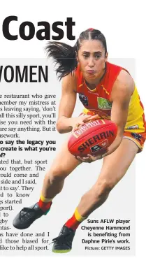  ?? Picture: GETTY IMAGES ?? Suns AFLW player Cheyenne Hammond is benefiting from Daphne Pirie’s work.