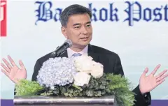  ?? WICHAN CHAROENKIA­TPAKUL ?? Democrat Party leader Abhisit Vejjajiva delivers a speech on ‘The New Political Landscape of Thailand’ at the Bangkok Post Internatio­nal Forum 2018.