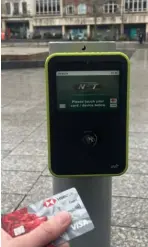  ?? ?? Contactles­s payment points, like this one in Old Market Square, can now be used to tap on and tap off for Short Hop journeys