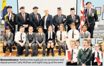  ??  ?? Remembranc­e Renfrewshi­re pupils join ex-servicemen and depute provost Cathy McEwan and (right) sing up at the event