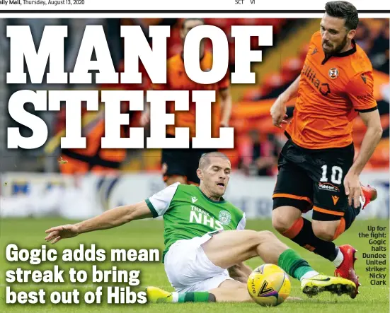  ??  ?? Up for the fight: Gogic halts Dundee United striker Nicky Clark