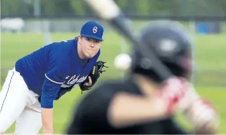  ?? JULIE JOCSAK/POSTMEDIA NEWS ?? St. Catharines Cobras pitcher Matthew Jackson, shown pitching against the Thorold Fantoms in this file photo, limited the Rose City Thorns to one run over 2 2/3 innings in relief Saturday night at George Taylor Field in St. Catharines.