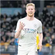  ?? ?? THE MASTERMIND: Manchester City’s Kevin De Bruyne celebrates scoring their fourth goal against Wolves.