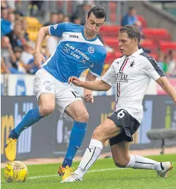  ?? Picture: Perthshire Picture Agency. ?? Falkirk debutant John Rankin challenges St Johnstone’s Joe Shaughness­y.