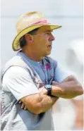  ?? THE ASSOCIATED PRESS ?? Alabama coach Nick Saban watches practice at Bryant-Denny Stadium in Tuscaloosa. No. 1 Alabama faces No. 3 Florida State on Saturday night.