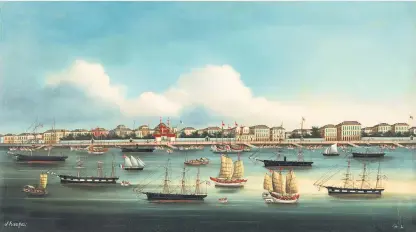  ??  ?? A fair wind: The Bund at Shanghai, by the Chinese School, c1860, which has an estimate of up to £40,000 for the Chinese Trade sale on Thursday. Left, Gauguin’s Les Oies, which is set to fetch up to $3.5m (£2.7m) next week