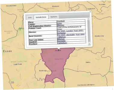  ??  ?? The details for Shenfield on the Familysear­ch maps website, noting the administra­tive units in which Shenfield fell. These details allow us to track down the relevant probate courts to locate a will for someone who lived in Shenfield