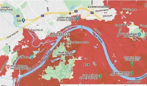  ?? IMAGE: CLIMATE CONTROL/ GOGGLE MAPS ?? Climate Central maps show areas of London at risk if water levels rise significan­tly