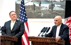  ??  ?? Ghani (right), accompanie­d by Pompeo, speaks at a news conference at the Presidenti­al Palace in Kabul, Afghanista­n. — Reuters photo