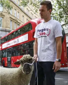  ?? AP ?? BAA-D MOVE: Protesters walk sheep past government buildings Thursday as part of 'Farmers for a People's Vote' to highlight the risk Brexit presents to livestock.