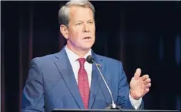  ?? BRYNN ANDERSON/POOL VIA AP ?? Georgia Gov. Brian Kemp debates on May 1. Former Vice President Mike Pence will campaign with Kemp the day before this month’s GOP primary.