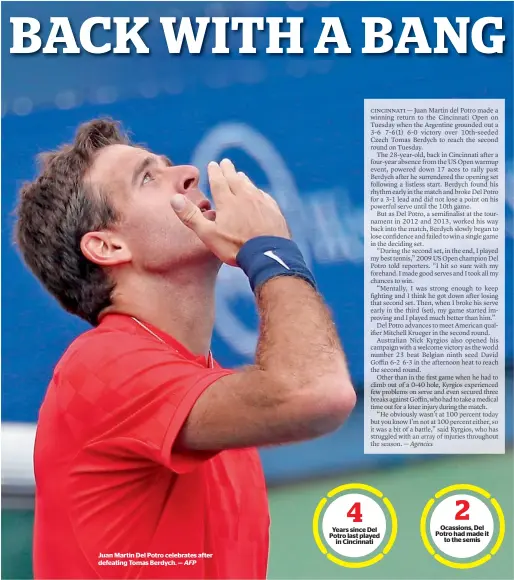  ?? AFP ?? Juan Martin Del Potro celebrates after defeating Tomas Berdych. —