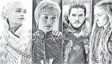  ??  ?? ‘Game of Thrones’ finale: Who will sit on the Iron Throne? These are the top contenders to be in the big chair when the music stops. (Left-Right) Daenerys Targaryen (Emilia Clarke), Cersei Lannister (Lena Heady), Jon Snow (Kit Harrington) and Sansa Stark (Sophie Turner).