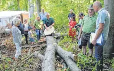  ?? SZ-FOTO: GÖTZ ?? Revierförs­ter Hubert Gobs (Mitte) erklärt die Lage im Wald.