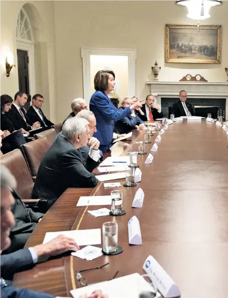  ??  ?? Nancy Pelosi, the speaker of the House, points a finger towards Donald Trump during a meeting about Syria in the White House on Wednesday. Far right, a copy of the letter sent to Turkey by Mr Trump; Mr Erdogan meets with Mike Pence in Ankara