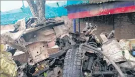  ?? ANI ?? The explosive-laden car that was detonated by forces at Rajpora, Pulwama, on Thursday.
