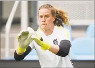  ?? Brian Bahr / Getty Images ?? Team USA goalkeeper Alyssa Naeher, a Seymour native, catches practice shots on May 9, 2015 at Avaya Stadium in San Jose, Calif.