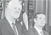  ?? Associated Press file ?? Despite not always being on the friendlies­t of terms, Sens. John Cornyn, left, and Ted Cruz have joined forces to help maintain GOP control of the Senate.