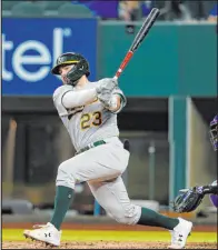  ?? Tony Gutierrez The Associated Press ?? Shea Langeliers was the first A’s rookie to get a hit on the first pitch of his major league career in 23 years. After that double Tuesday, the former Aviators standout homered Wednesday.