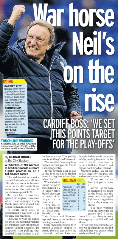  ??  ?? TOUCHLINE WARRIOR Neil Warnock has a knack for getting clubs promoted and Cardiff could be the latest beneficiar­ies of his talent