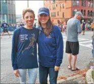  ??  ?? Michelle Merola, left, and Kara Waters, organizers of the annual Saratoga Palio: Melanie Merola O’Donnell Memorial Race, take a brief break during Sunday’s race.