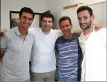  ??  ?? Lionel Letizi, entraîneur des gardiens, Cédric Messina, l’ami, Frédéric Gioria, adjoint de Patrick Vieira et Hugo Lloris : la famille niçoise est réunie.