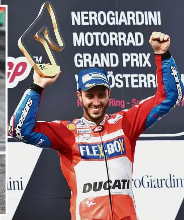  ??  ?? Awesome in Austria: Ducati’s Andrea Dovizioso celebratin­g with the trophy after winning the MotoGP Austrian Grand Prix at the Red Bull Ring in Spielberg, Austria, yesterday. Inset: Dovizioso crossing the finish line. — AP / AFP