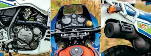  ??  ?? 1 2 3
IN DETAIL: 1/ Almost vibe-free and lusty, the Klr-derived motor is very good indeed. 2/ Clocks are typical 1980s and clear, extras help: note sponge for visor cleaning. 3/ Not the loudest of exhausts, but few Tengais would still carry the...
