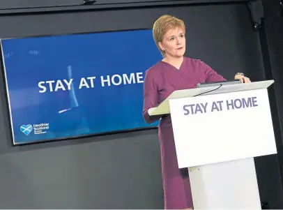  ?? Picture: Scottish Government. ?? First Minister Nicola Sturgeon during a press conference at St Andrew’s House, Edinburgh.