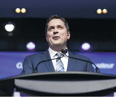  ?? COLE BURSTON / BLOOMBERG ?? Andrew Scheer speaks after being named the Conservati­ve Party’s next leader in Toronto on Saturday.