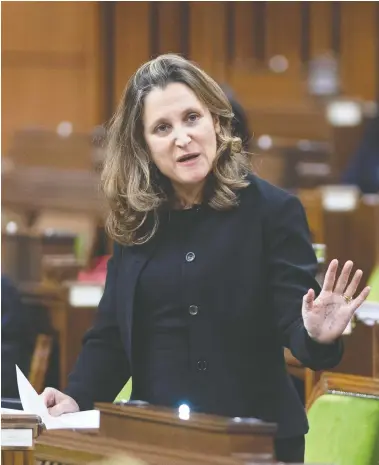  ?? ADRIAN WYLD / THE CANADIAN PRESS ?? At a speech she made to the Toronto Economic Forum last month, Deputy Prime Minister and Minister of Finance
Chrystia Freeland said the federal government's expansive approach to fighting the pandemic is “not infinite.”