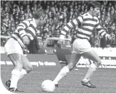  ??  ?? Gerry Sweeney (right) with Bobby Collins, playing for Morton at Ibrox in 1969