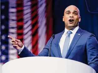  ?? Tribune News Service file photo ?? U.S. Rep. Colin Allred speaks in Dallas during the 2022 Texas Democratic Convention. The Dallas Democrat has set campaign fundraisin­g records as he seeks to face Cruz in 2024.