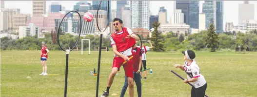  ?? JASON FRANSON ?? Jon Golla of the Edmonton Aurors blocks a shot from Hayle Dambrowsky, as the Aurors quidditch team practises at Mcnally High School earlier this month.