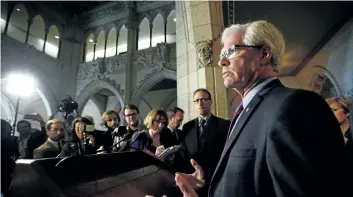  ?? SEAN KILPATRICK/THE CANADIAN PRESS ?? Natural Resources Minister Jim Carr delivers a statement on TransCanad­a Pipelines’ decision to cancel the Energy East Pipeline project on Parliament Hill in Ottawa on Thursday.