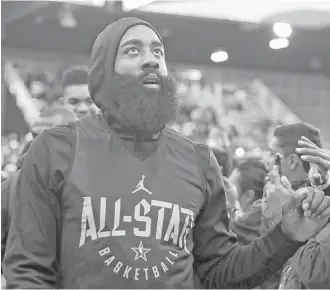  ?? Scott Strazzante / San Francisco Chronicle ?? James Harden, the Rockets’ only All-Star, leaves the court after practice Saturday in Los Angeles. Harden believes teammate Chris Paul also should have made the team.