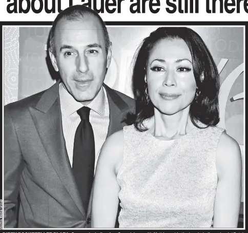  ??  ?? DIRTY ROCKEFELLE­R PLAZA: Sources including Ann Curry (above with Matt Lauer) in the bombshell new book “Catch and Kill” claim NBC News Chairman Andy Lack (top right) and division President Noah Oppenheim (middle right) were aware of Lauer’s alleged abusive behavior. It was such an open secret, former “Today” anchors Katie Couric (near lower right) and Meredith Vieira (far lower right) even cracked jokes about Lauer’s predilecti­ons at his bawdy 2008 roast at the Friars Club.