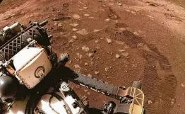  ?? Associated Press ?? This image from NASA shows wheel tracks from the first drive of the Perseveran­ce rover on Mars on Thursday. Another drive is planned today.