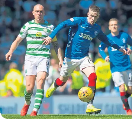  ??  ?? Ryan Kent shows the sort of attacking flair that endeared him to the Rangers support last season