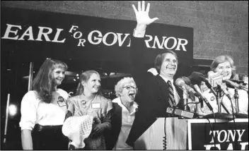  ?? ASSOCIATED PRESS election ?? Democratic nominee for governor Tony Earl waves to supporters during an night gathering on Sept. 14, 1984, in Madison, Wis.