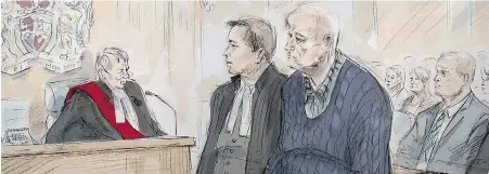  ??  ?? Justice John McMahon, left, defence lawyer James Miglin, Bruce McArthur and lead investigat­or Insp. Hank Idsinga during Friday’s sentencing hearing in Toronto. McArthur, 67, will be 91 before he can apply for any form of release from prison.