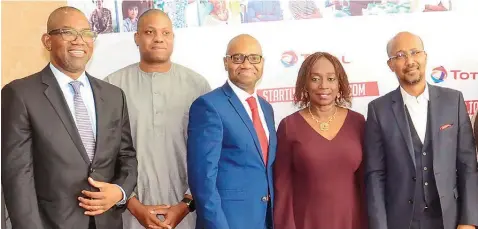  ??  ?? Executive Director, Corporate Affairs and Services, Total E&amp;P Nigeria Limited, Abiodun Afolabi (left); CEO Cars45, Etop Ikpe; jury chair/ceo, Quest Advisory Services Limited, Bayo Rotimi; Ceo/founder, Eventful Limited, Yewande Zacchaeus; and Managing Director, Total Nigeria Plc, Imrane Barry, at the Startupper of the Year by Total Challenge prize presentati­on ceremony in Lagos.