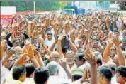  ?? PTI PHOTO ?? Transport workers and their family members raise slogans at a protest in Coimbatore on Tuesday.