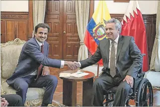  ?? CORTESÍA PRESIDENCI­A ?? Carontelet. Tamim bin Hamad al Zani, emir de Catar, y el presidente Lenín Moreno, ayer en Quito.